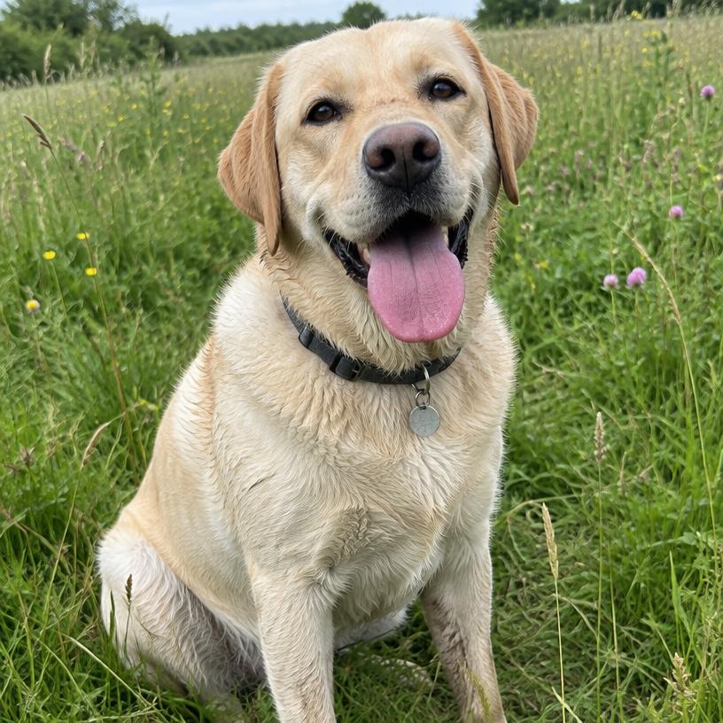 Labrador sitting in a meadow